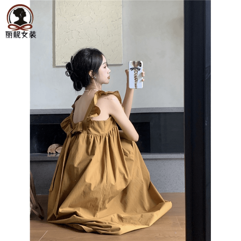 甜美蝴蝶结绑带初恋飞飞袖连衣裙女夏季2024新款韩系宽松方领长裙