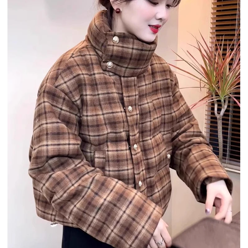 00267小个子夹棉外套冬季保暖加厚格子面包服高级感棉服女短款