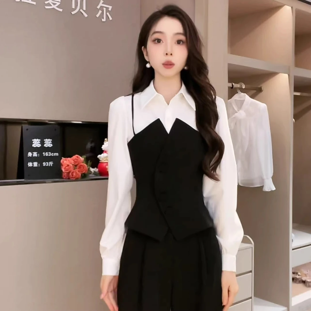 法式气质假两件拼接衬衫阔腿裤套装女休闲秋季新款高端女装两件套