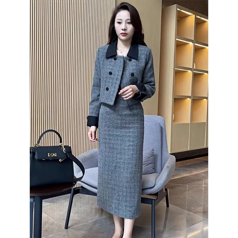 00272秋冬新款气质高级感别致短款外套开叉修身半身裙通勤两件套