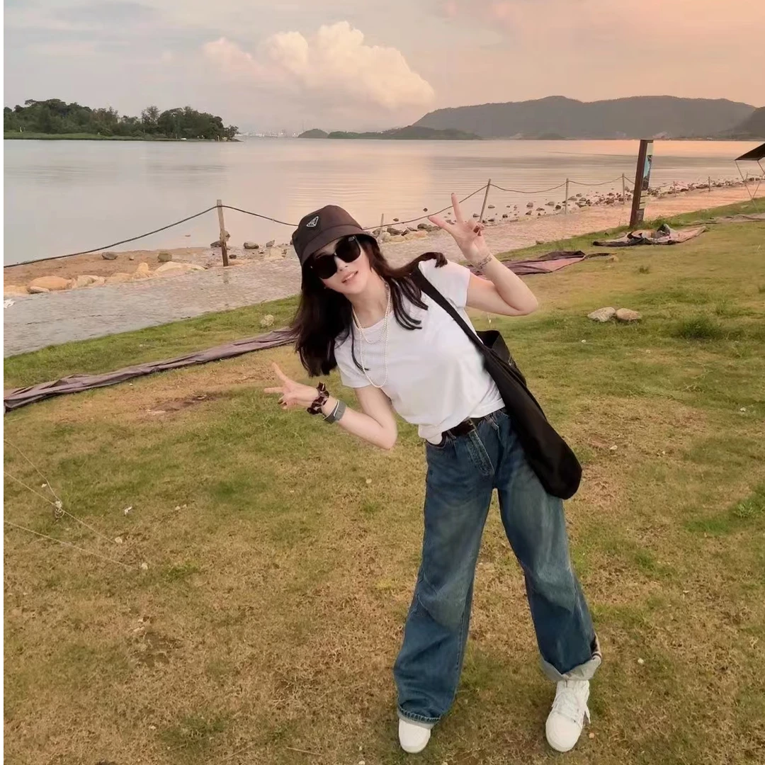 【馨心专属】时尚百搭纯色T恤女款上衣牛仔高腰宽松圆领休闲夏季