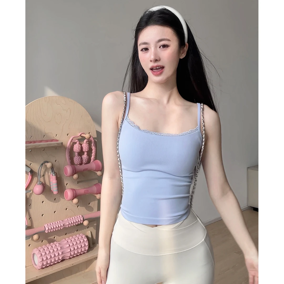 gogoyoga蕾丝拼接细肩带瑜伽背心带胸垫吊带无缝运动健身瑜伽服女