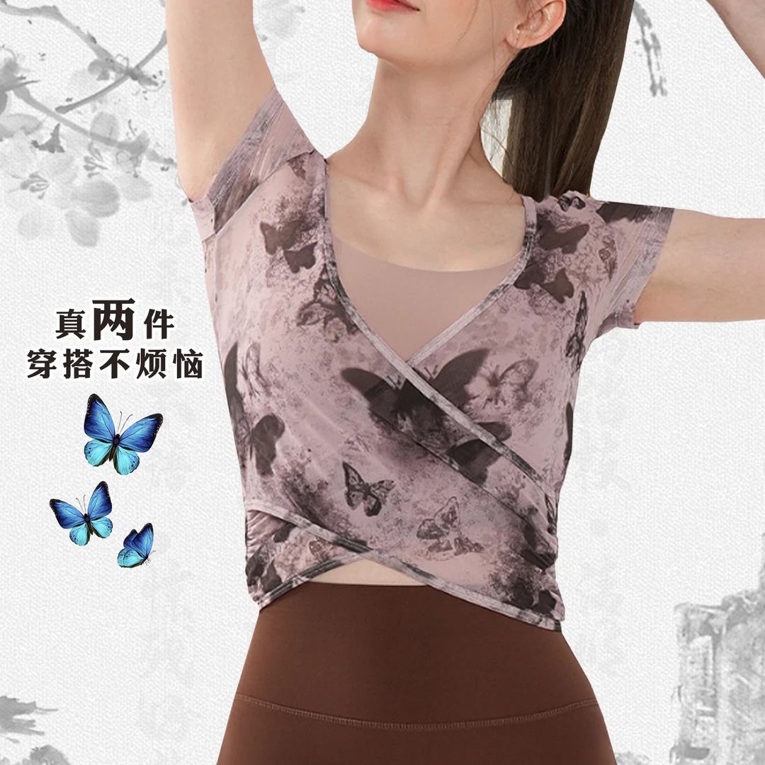 gogoyoga透气真2件纯欲风细带固定杯短袖罩衫瑜伽服显瘦运动上衣