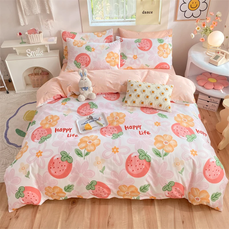 网红款全棉斜纹印花四件套小清新纯棉学生宿舍少女心套件可爱单人