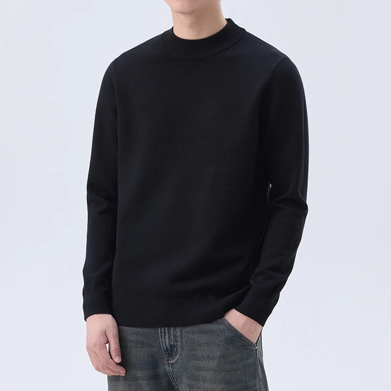 高端绵羊毛黑色针织衫男士秋季新款简约宽松保暖亲肤时尚百搭毛衣