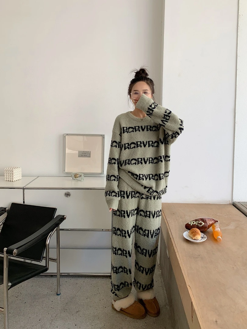 FENHONGSHU女士新款套秋冬轻奢气英文字母半边绒家居服睡衣套装