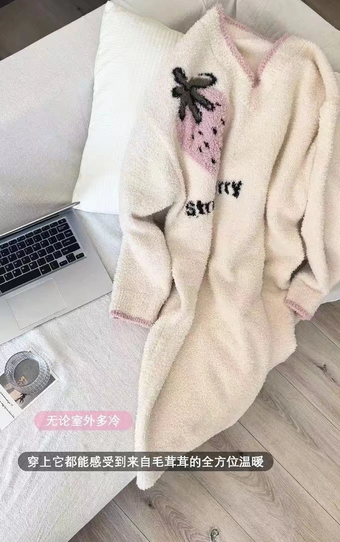 FENHONGSHU女士新款套秋冬轻奢气草莓半边绒家居服睡裙
