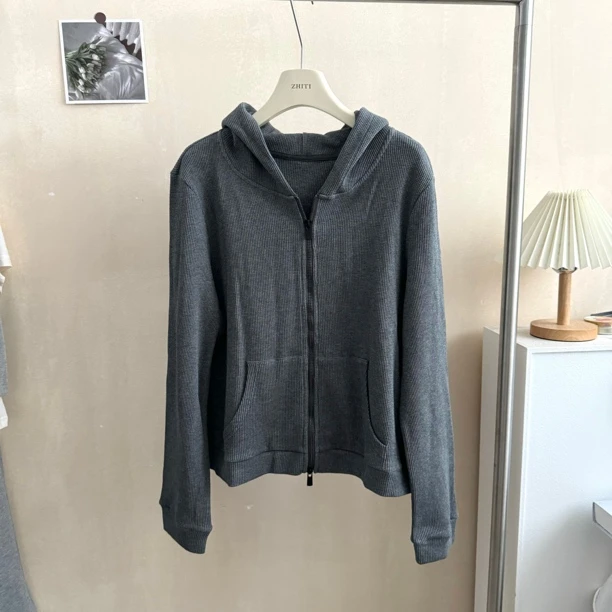 2876 秋冬华夫格双拉链连帽卫衣外套宽松百搭开衫