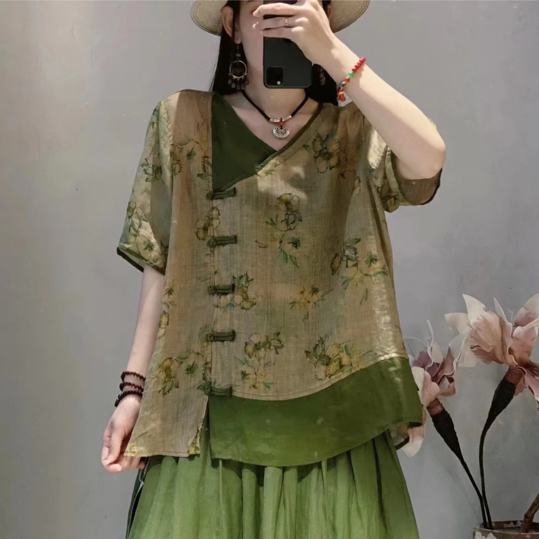 201-300 复古苎麻印花上衣 下播勿拍 每日更新小衫大码宽松麻衣