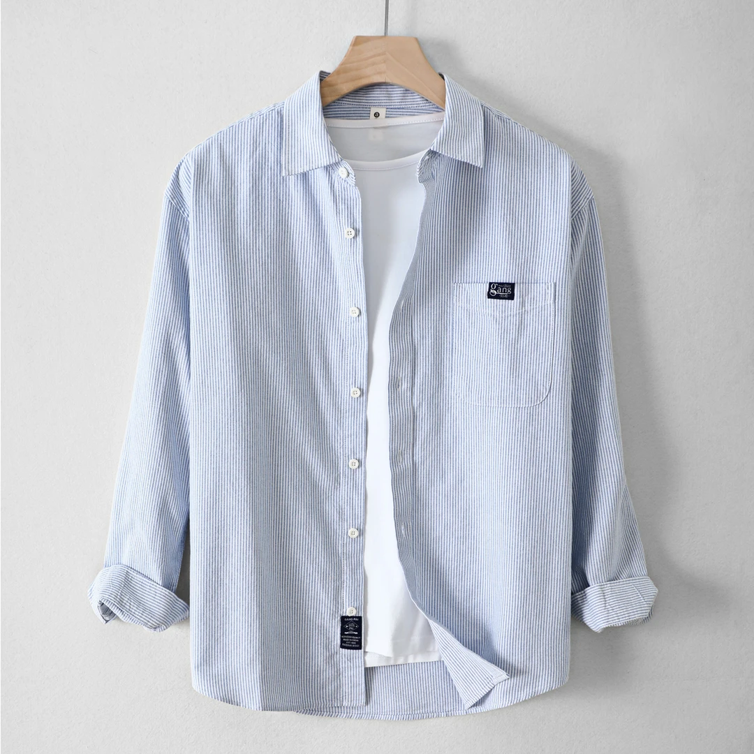 男士长袖条纹牛津纺衬衫简约日系百搭宽松休闲衬衣春季韩版男装潮