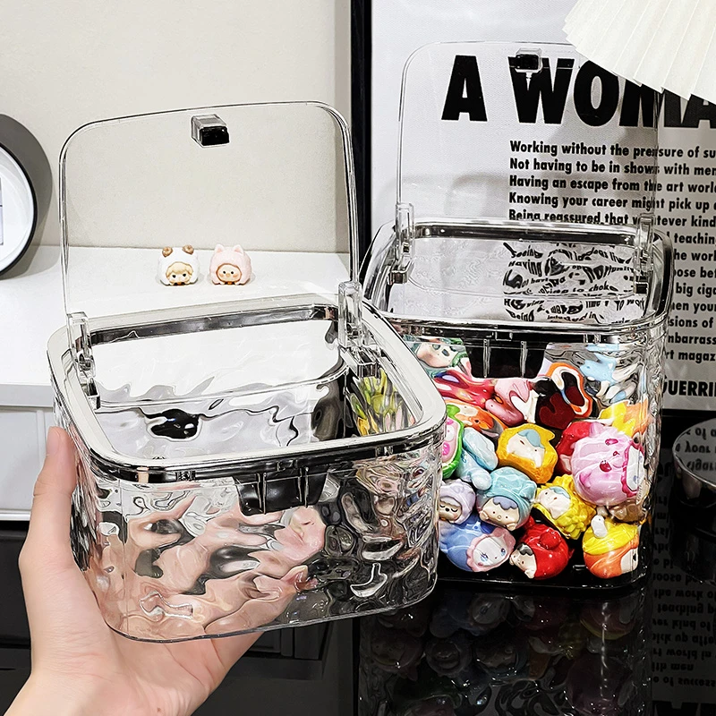 萌粒收纳盒防尘带盖大容量桌面收纳罐亚克力透明盒小摆件储食玩盒
