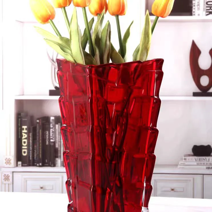 弗莱文茨水晶玻璃红色喜庆梯形方形欧式花瓶家居摆件花瓶新年摆件