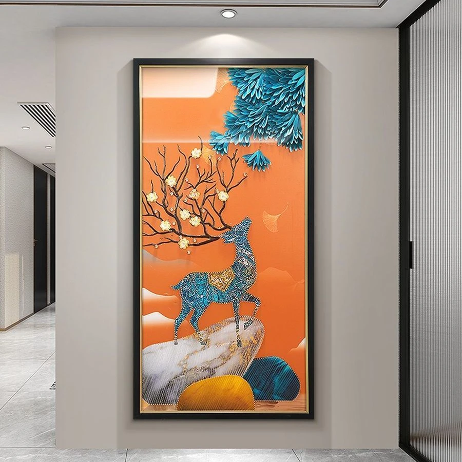 玄关画现代轻奢高档立体手工实物画装饰画鹿客厅走廊过道挂画竖版