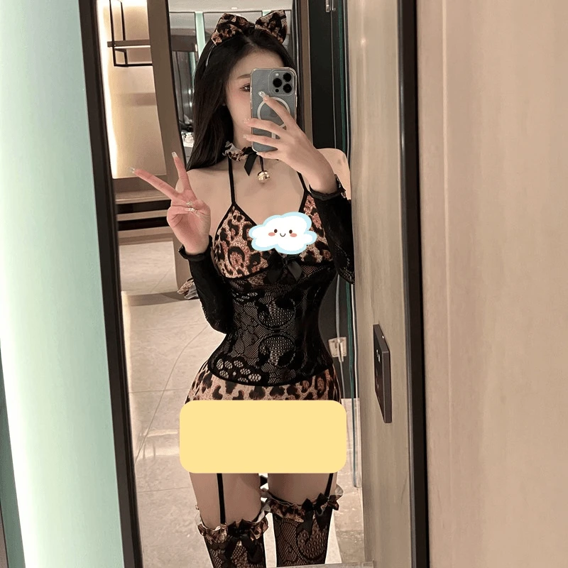 趣味蕾丝性感COS诱惑猫女郎连体豹纹挑逗包臀裙