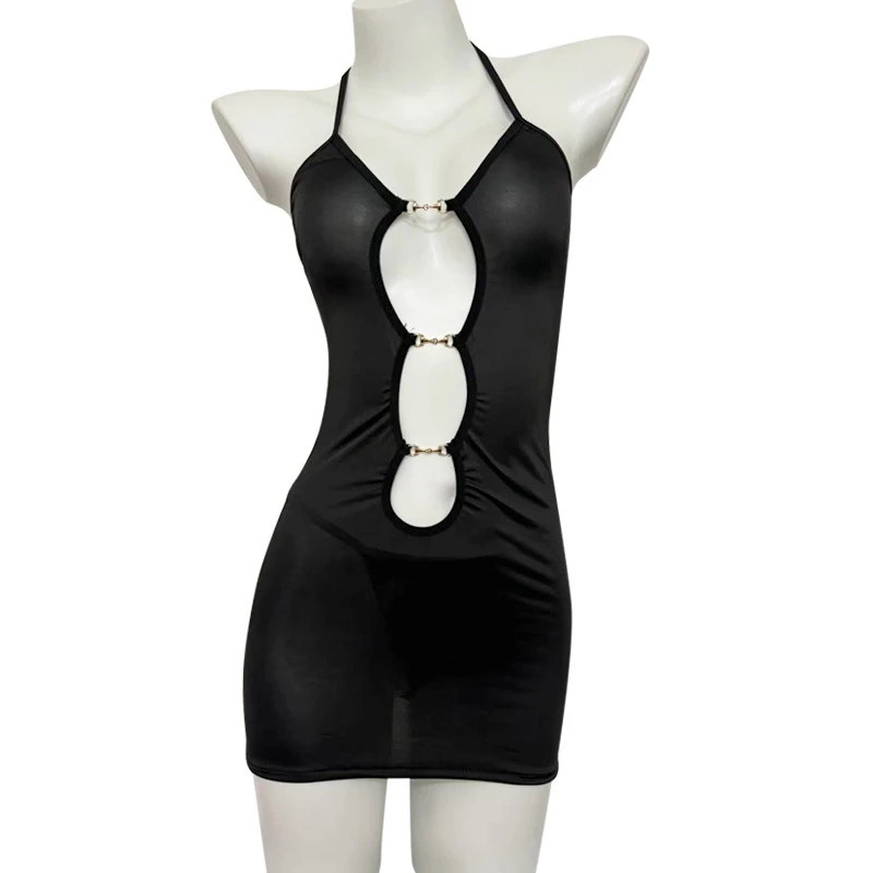 【睡梦馆】战袍趣味睡衣性感欧美风镂空豹纹低胸挂颈修身家居服套装