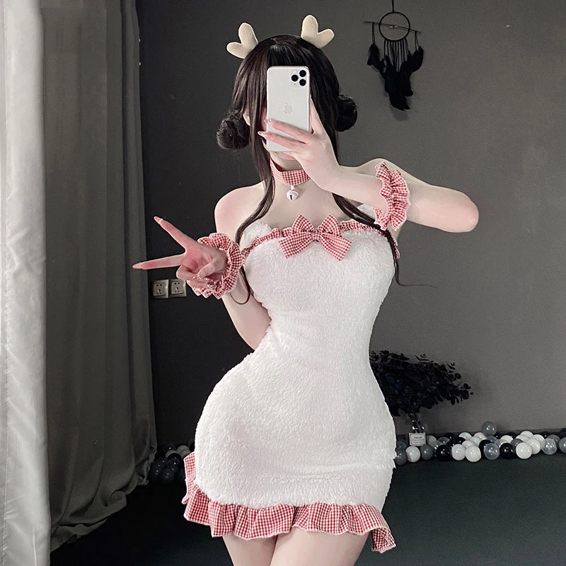 2024格子花边毛绒小熊抹胸裙性感可爱连衣裙绒睡裙家居服动漫蕾丝