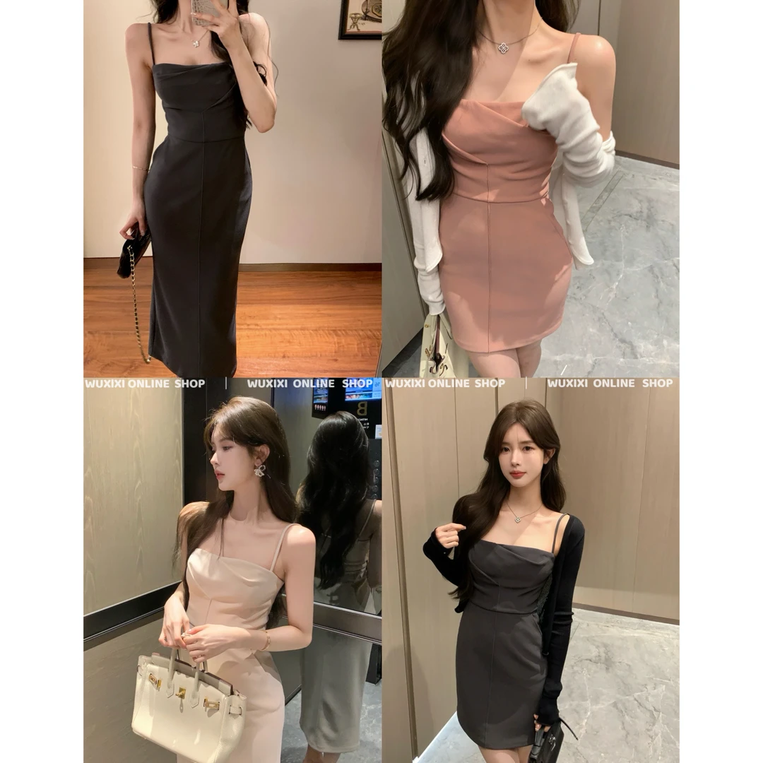 一字领针织吊带连衣裙性感褶皱长短款收腰包臀裙子