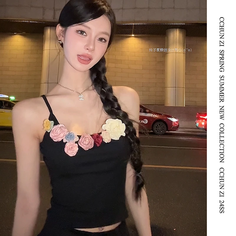 微迷西西里 重工吊带复古花朵女收腰显瘦夏季吊带背心