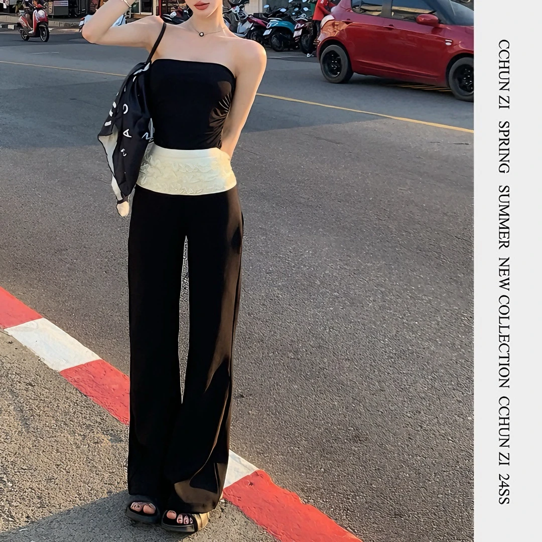 褶皱花边西裤 高级感垂感女低腰微喇阔腿裤黑色长裤