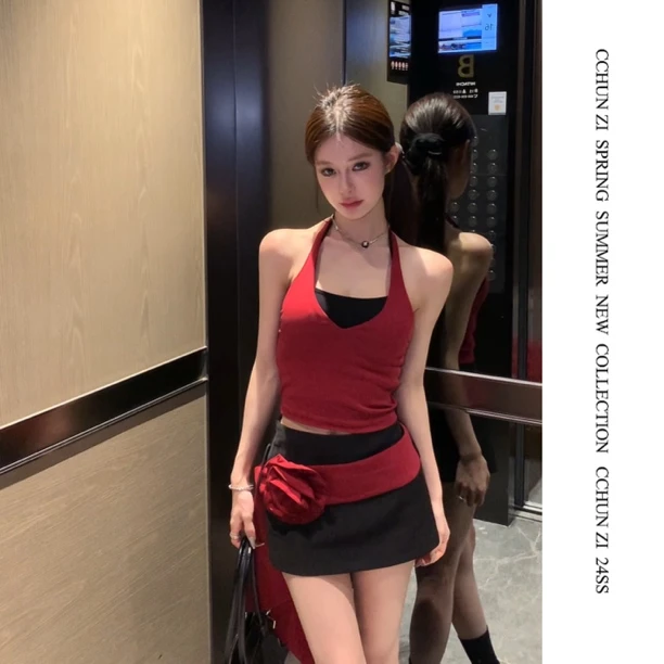 v领绑带挂脖背心女辣妹吊带