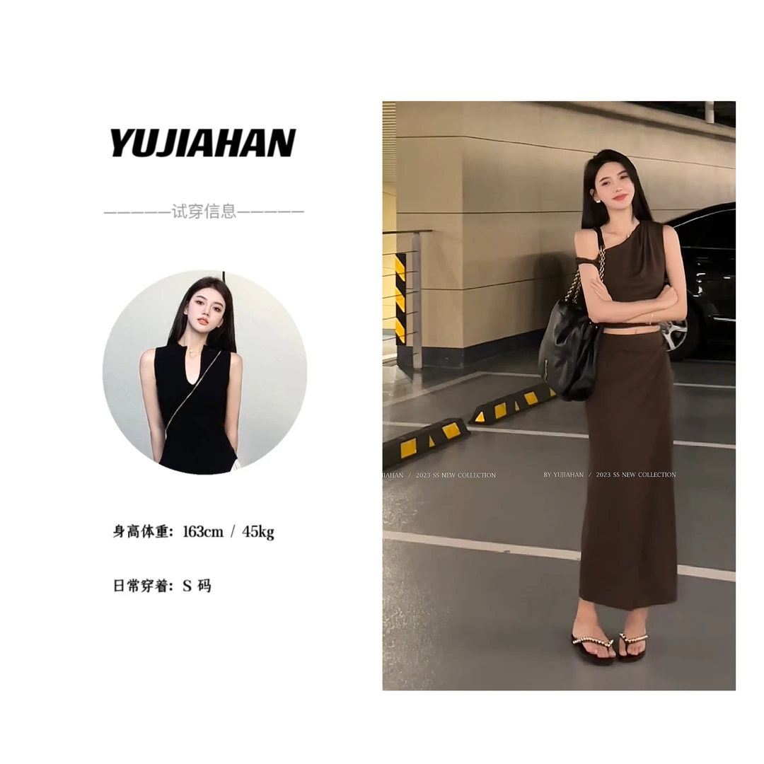 【YUJIAHAN】时髦仙气流动扭结不对称斜肩小上衣+侧开衩半身裙套装