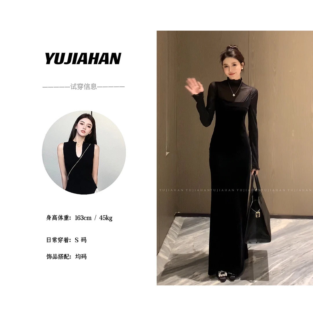 【YUJIAHAN】法式背心吊带丝绒连衣裙 秋季2024新款赫本风气质长裙