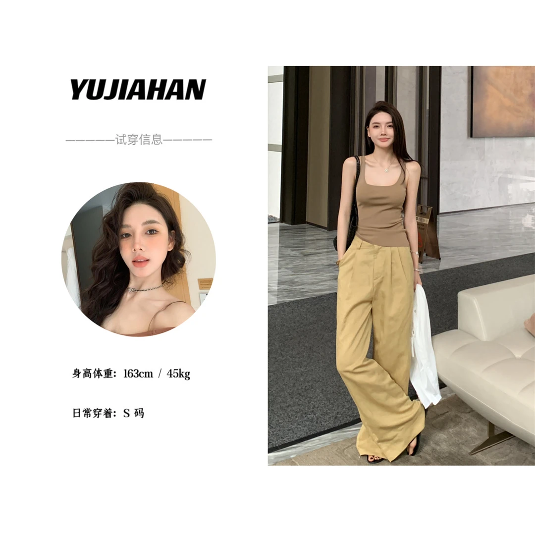【YUJIAHAN】亚麻天丝复古阔腿芥末黄轻薄垂感宽松透气拖地裤女夏