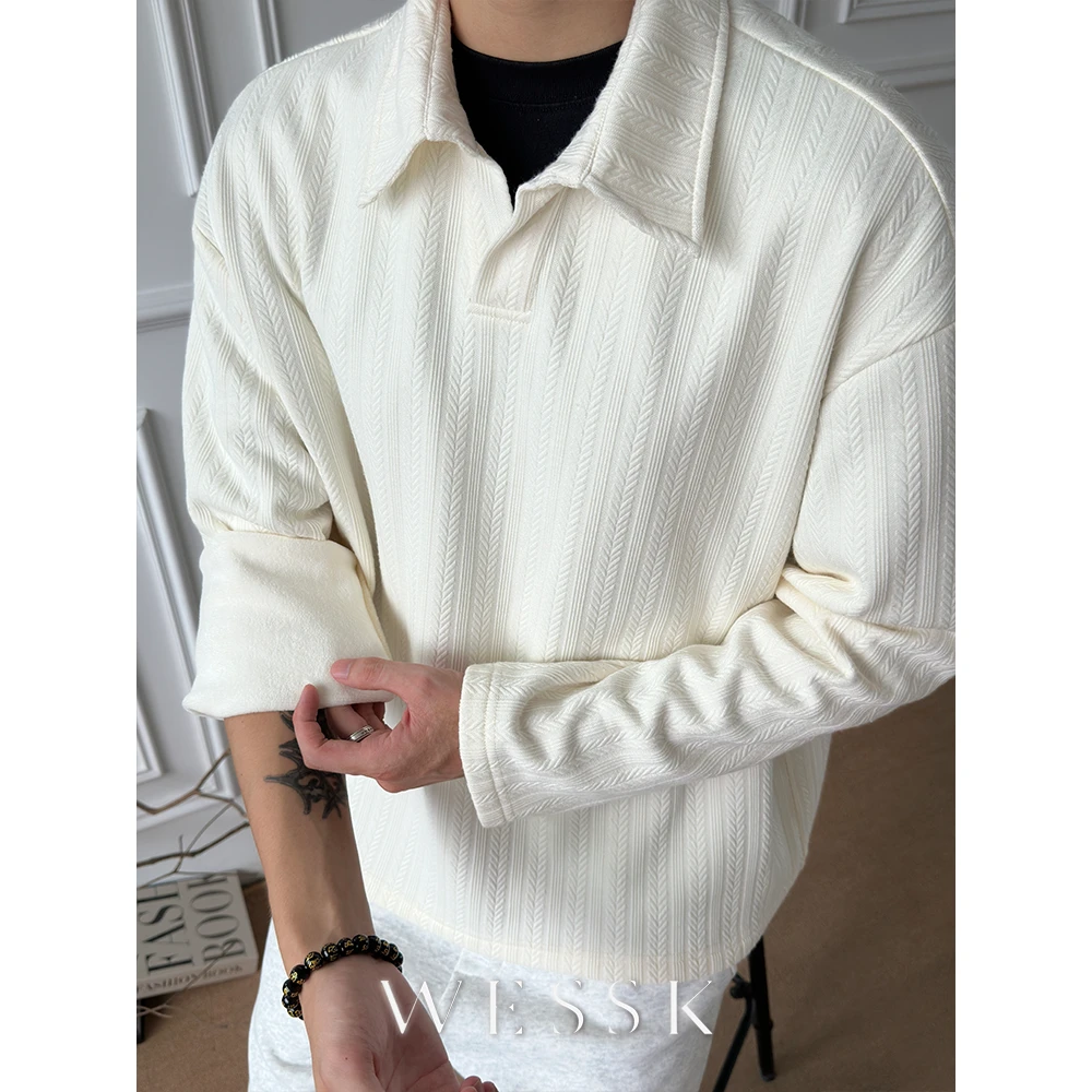 WESSK柔软麦穗条格纹V字领cleanfit秋冬休闲长袖衬衫polo衫老钱风