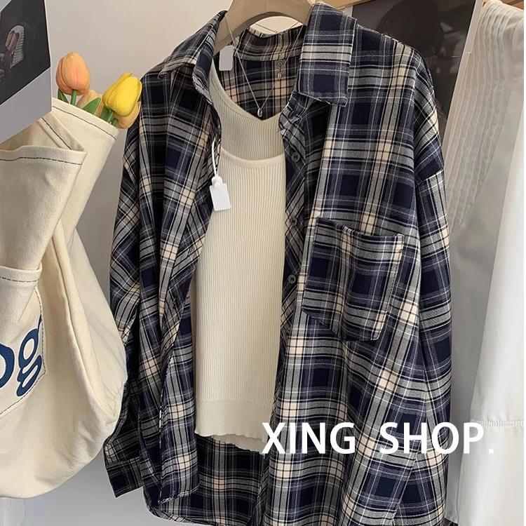 【杭州四季青好货】格子衬衫女春秋款设计感小众衬衣外套上衣高级感