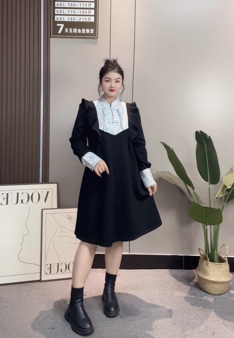 【佳奇家】秋冬新款高端轻奢大码女装时尚飞飞边国风显瘦连衣裙