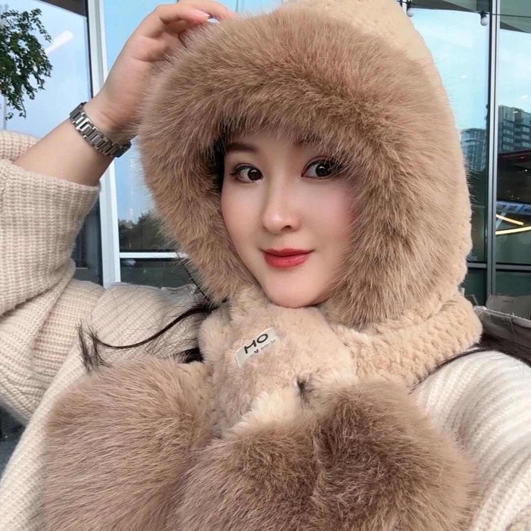 帽可爱毛绒小熊大头帽子围巾一体两件套防寒保暖护耳护脖帽