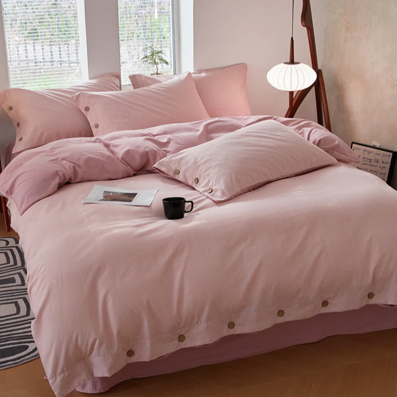 日式纽扣款水洗棉套件裸睡简约款民宿非全棉纯棉条纹被套床上用品