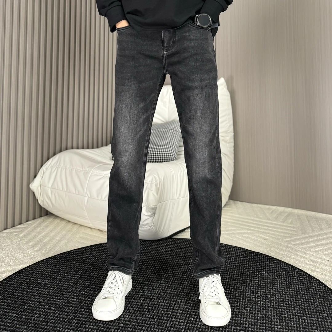 春夏弹力黑色磨白小直筒复古潮牌潮流高街感都市休闲男士牛仔裤