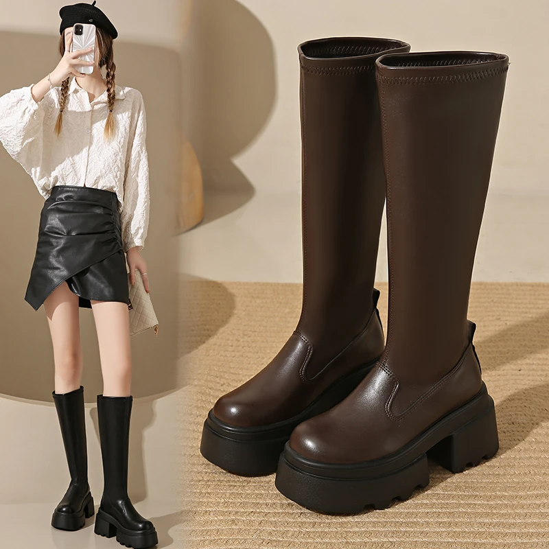 33-39码8cm厚底靴子长筒靴2024秋季新款小个子增高百搭时尚时装靴