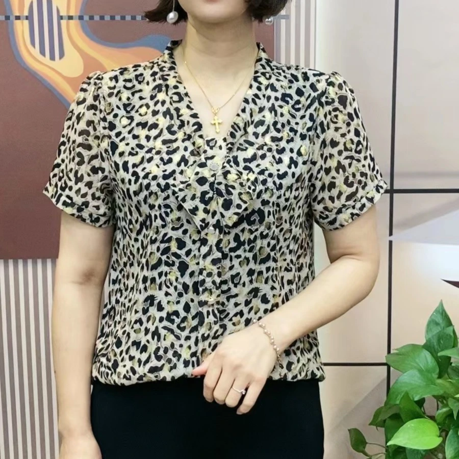 2023新款妈妈装时尚豹纹飘带款百搭短袖夏季薄款小衫显瘦洋气26款