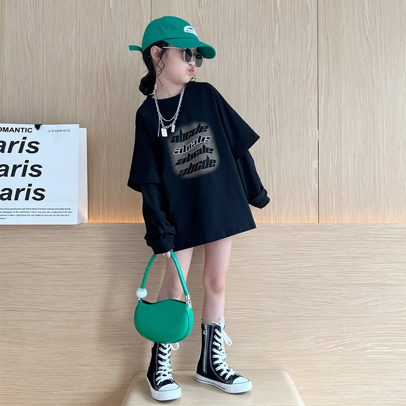 女童春装长袖假两件卫衣2025新款大童洋气春秋款儿童女孩6-12岁潮