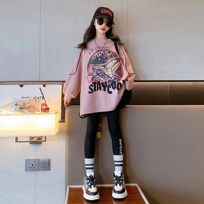 女童美式卫衣2025春秋新款中大童长袖宽松韩版网红中长款卫衣百搭