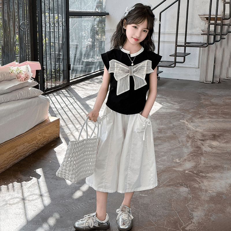 女童套装夏款2024新款夏季女孩大童洋气蝴蝶结短袖t恤裙裤两件套