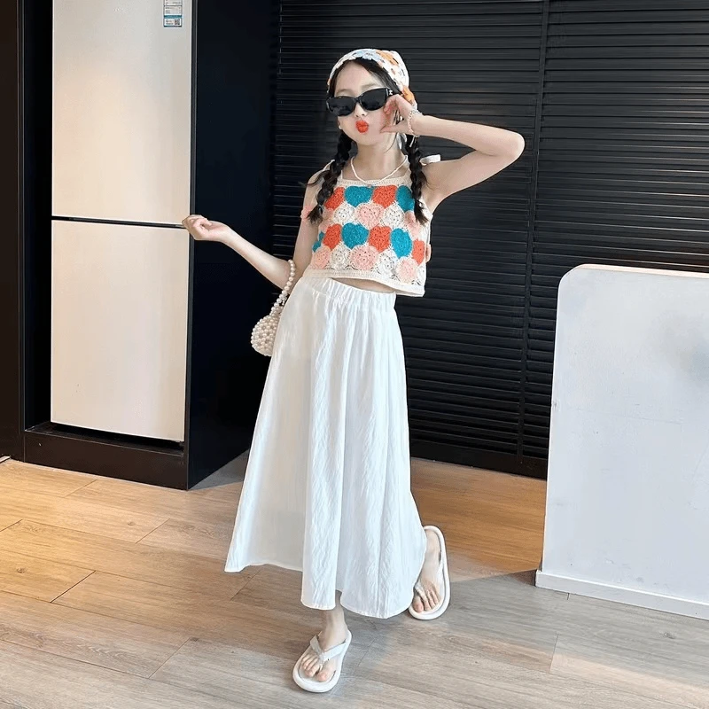 女童套装洋气夏装新款2025中大童上衣吊带纯白半身裙高级感两件套