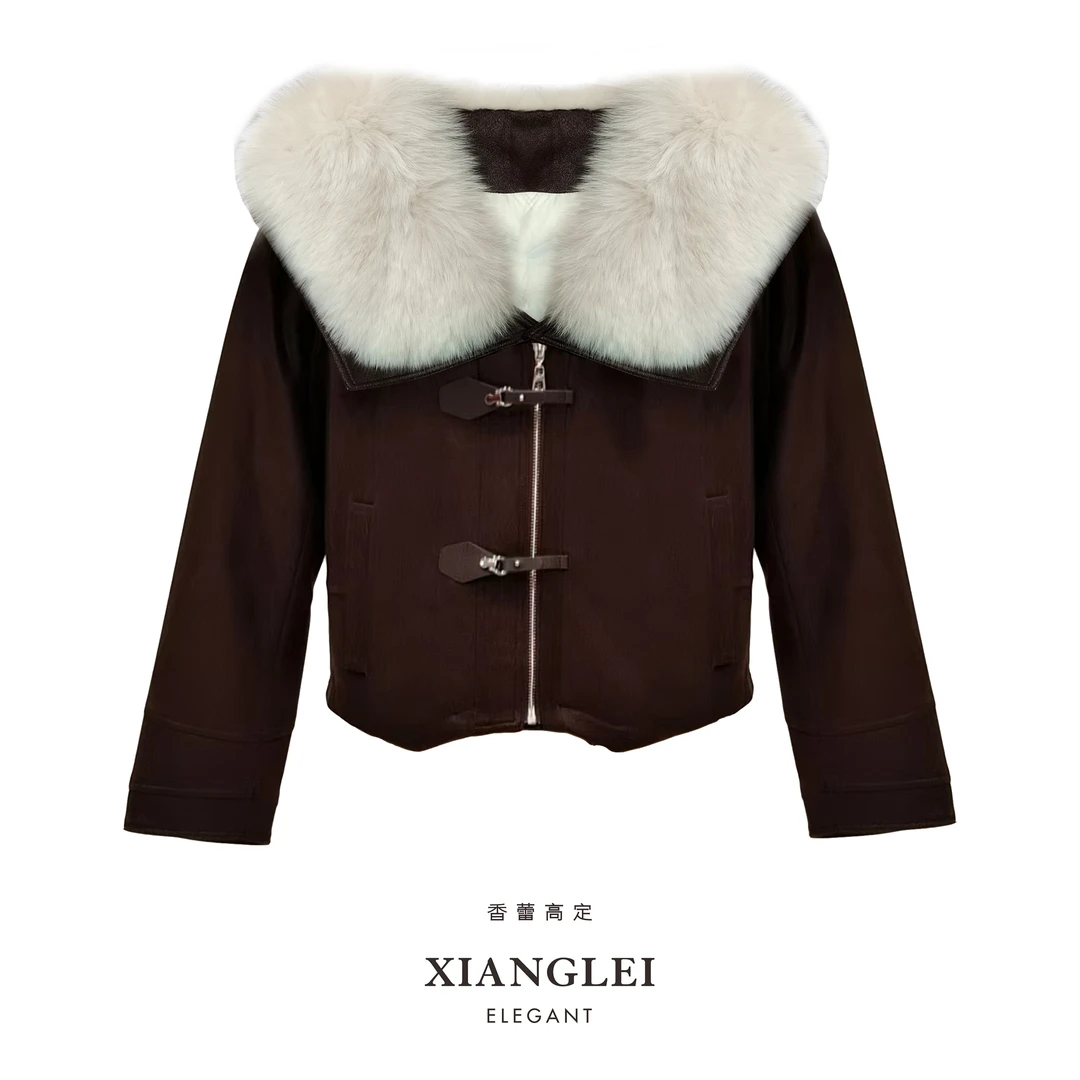 【格一专属】冬季新款羽绒内胆狐狸毛修身显瘦皮革外套23198