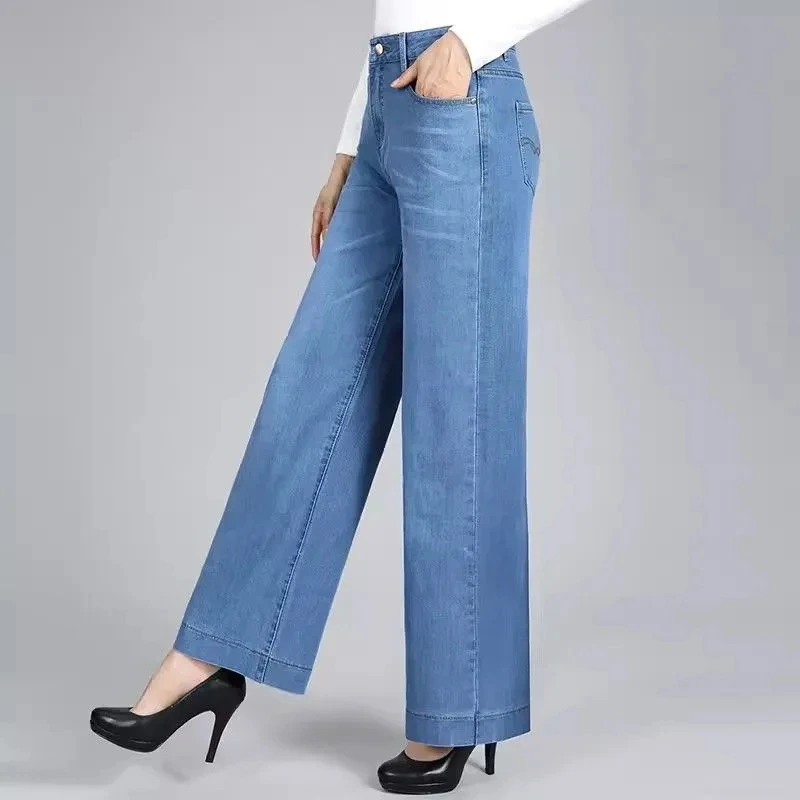 中老年高腰牛仔裤女阔腿裤宽松春秋款垂感直筒裤妈妈弹力休闲长裤
