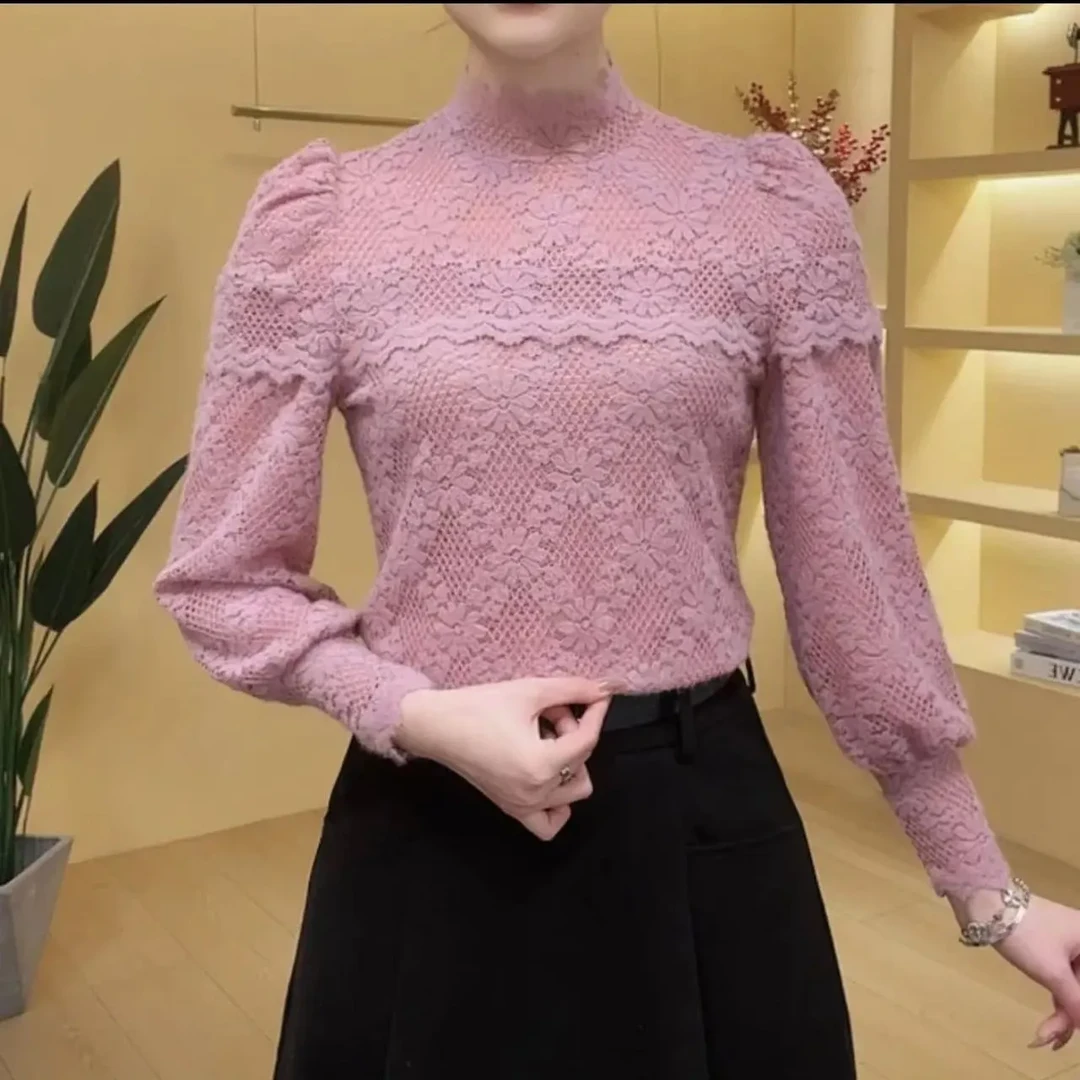 蕾丝打底衫女半高领秋冬新款磨毛加绒加厚百搭显瘦洋气内搭上衣潮