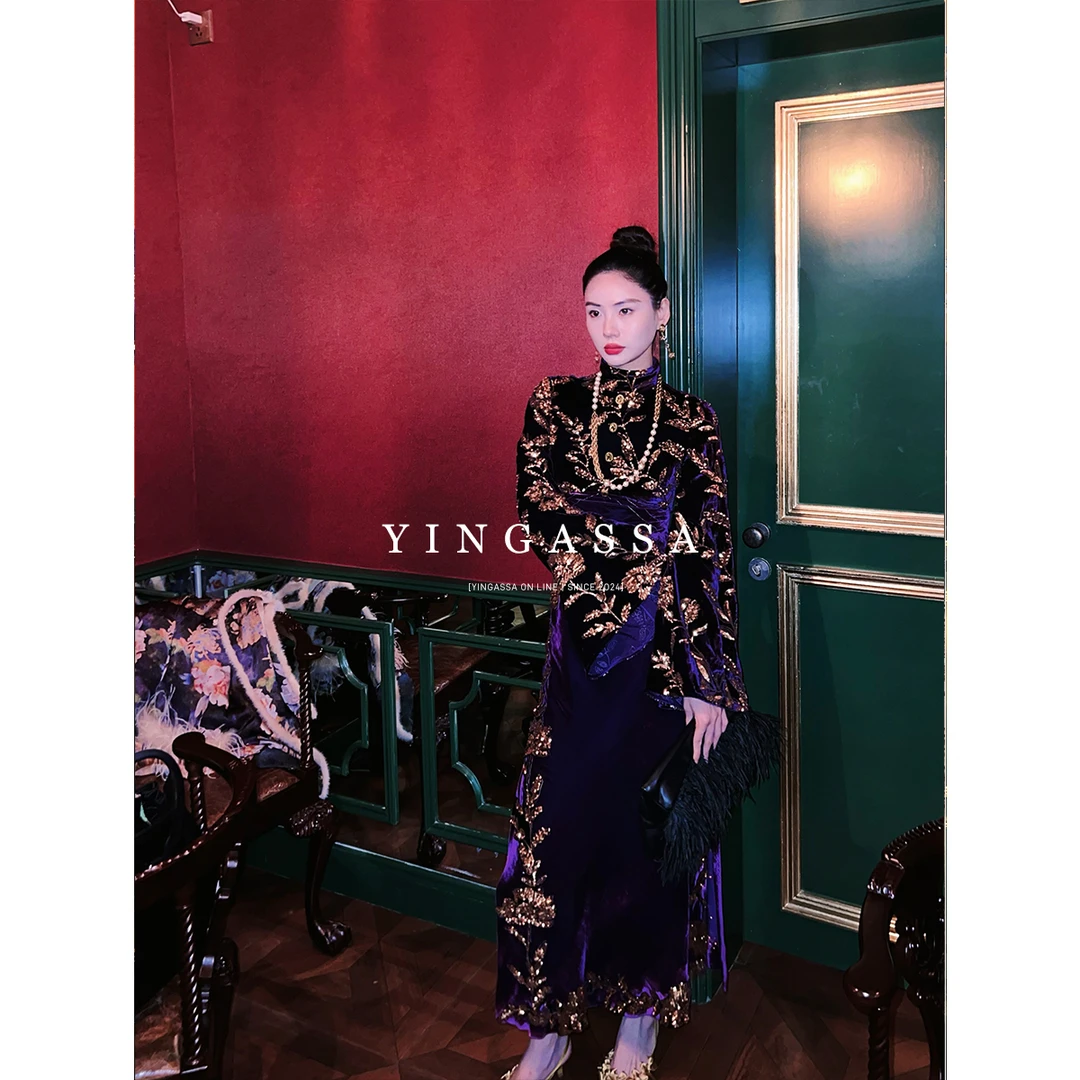 YINGASSA【纸醉金迷】新中式复古金立体刺绣盖茨比丝绒汉服连衣裙