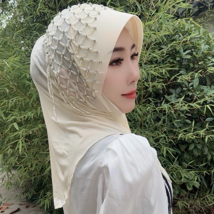 新款民族盖头星淘沙硬帽檐遮阳头巾手缝时尚纱巾(菱形块硬帽檐)