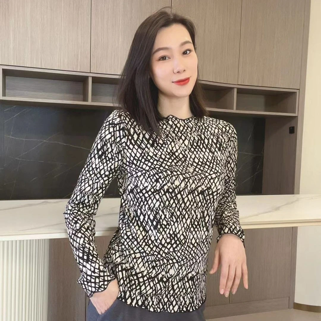 哥弟GIRDEAR秋季新款休闲时尚百搭格子网纱长袖打底T恤1300909