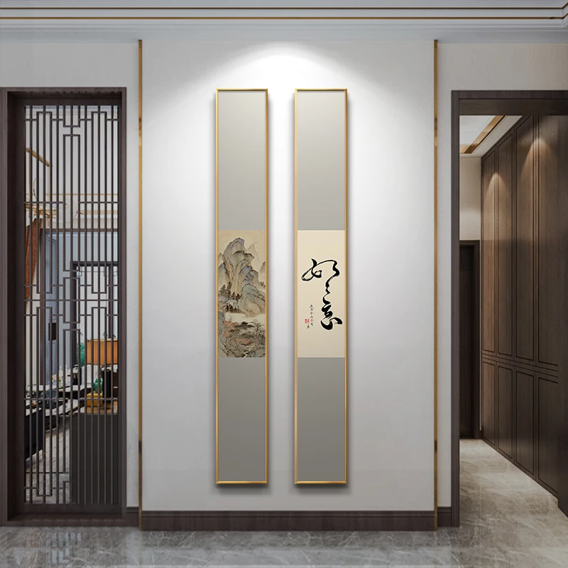 新中式玄关走廊过道竖长条装饰画禅意书房茶楼装饰挂画办公室壁画