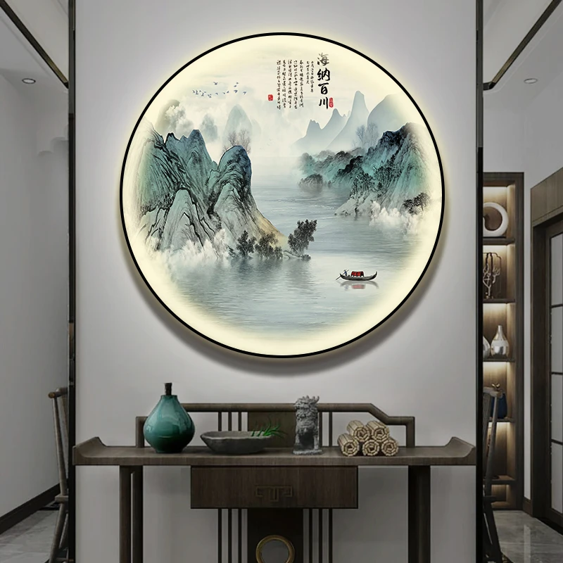 新中式圆形带灯LED发光山水画玄关装饰画进门入户玄关壁画玄关画