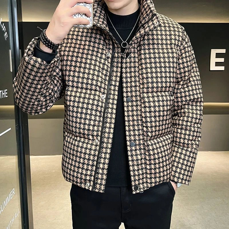 千鸟格羽绒服男冬季2023新款潮牌加厚保暖潮流休闲痞帅气外套上衣