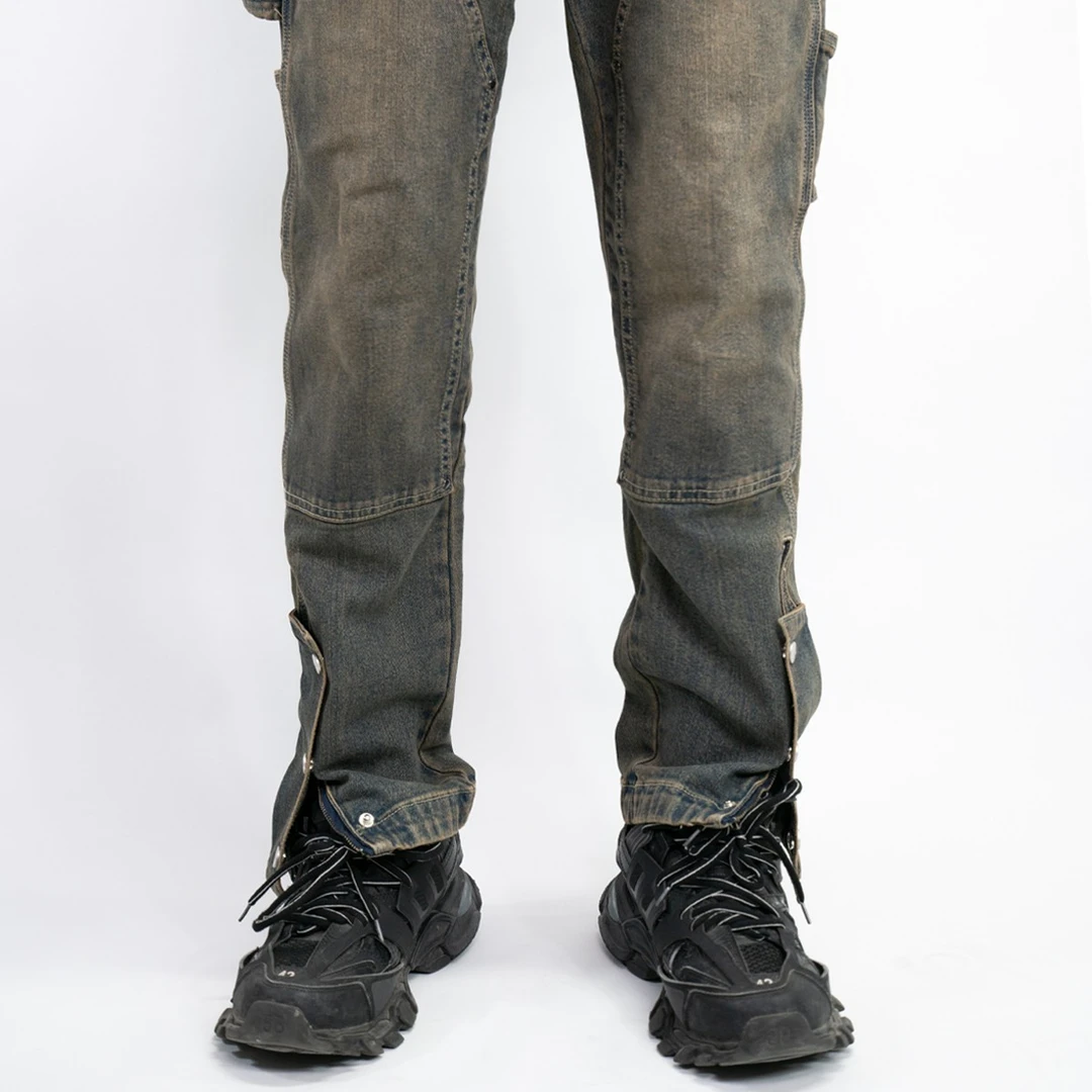 X INFO 23FW水洗做旧伐木牛仔排扣裤复古双膝高街国潮原创重磅