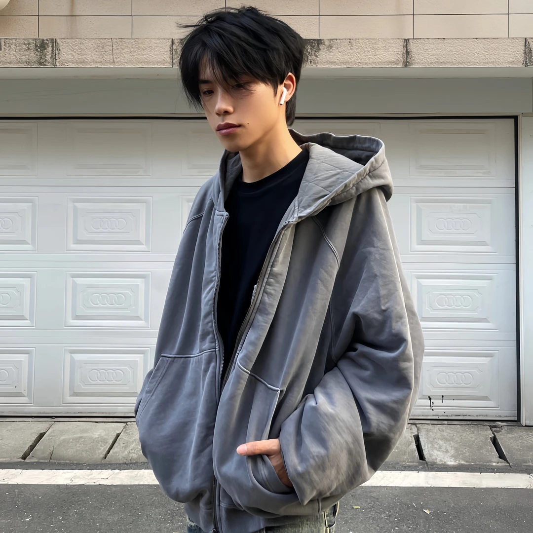 X INFO 23FW草写水洗拉链连帽卫衣外套加棉加厚廓形国潮原创高街